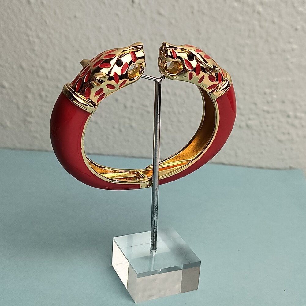 Statement Chunky Glaze Hinged Cuff Bracelet Double Wolf Head Red Gold To…